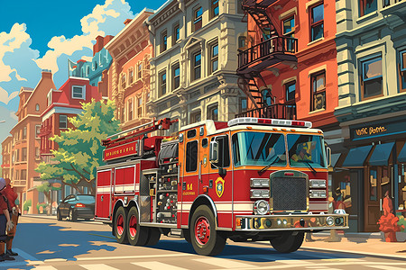 街头演出街头停靠的消防车插画