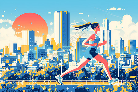 城市中跑步的女孩背景图片