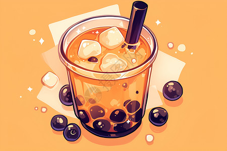 桑葚饮品卡通的珍珠奶茶插画