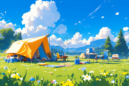 草地帐篷户外的露营场景插画