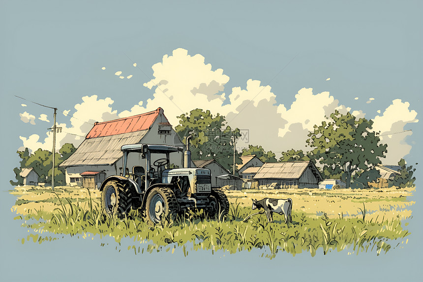 草地中的拖拉机和房子图片