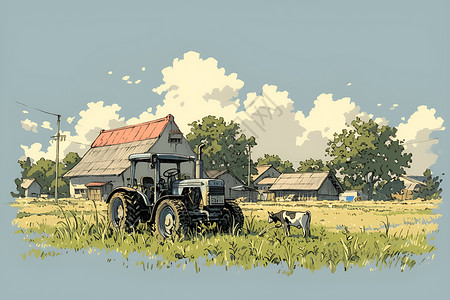 华尔街牛草地中的拖拉机和房子插画