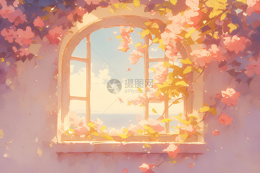 窗户前的美丽蔷薇图片