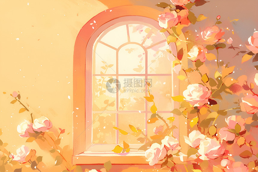 窗户前的蔷薇花图片