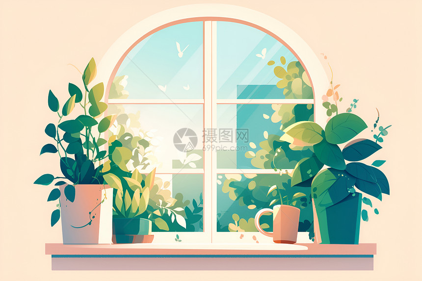 窗户上的绿植图片
