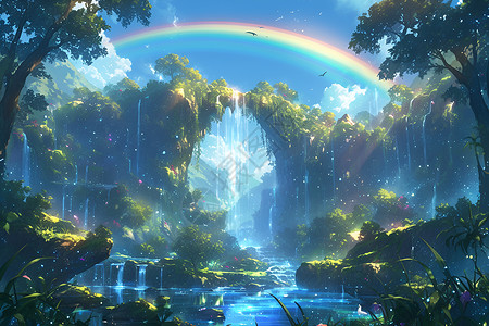 森林悬崖奇幻森林的彩虹插画