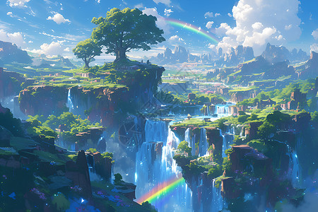 色彩瀑布瀑布下的彩虹幻境插画