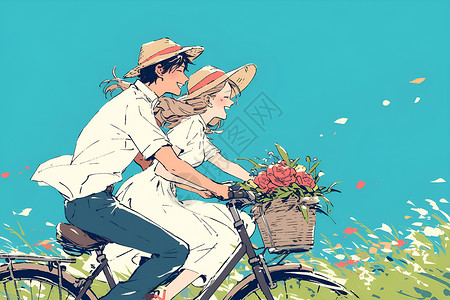 自行车上恋人自行车上的鲜花插画