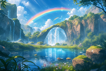 森林悬崖缤纷的彩虹插画