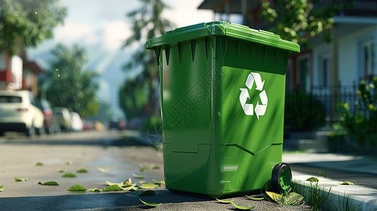 叶子循环道路旁边有一个绿色垃圾桶背景