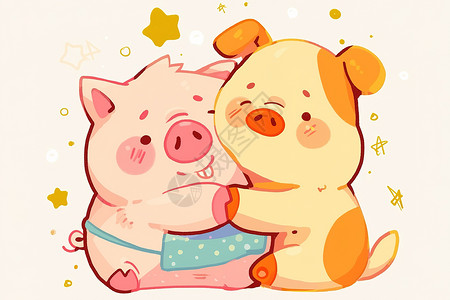 动物拥抱在一起拥抱在一起的小猪插画