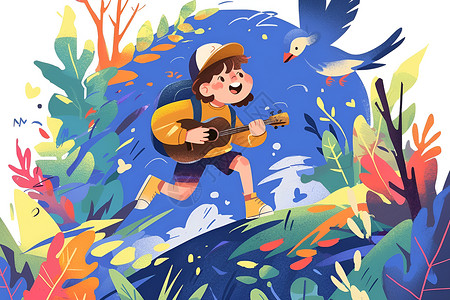 吉他弹唱男孩从林中弹唱的少女插画