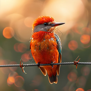 羽毛散落铁丝上的红色小鸟背景
