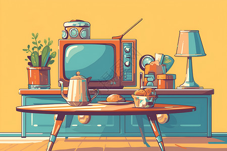 电视机背面桌子上的复古电视机插画