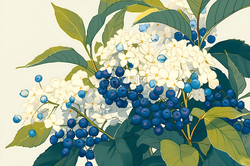 掩映在花团中的蓝莓图片