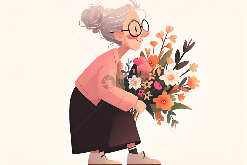 可爱奶奶抱着花束图片