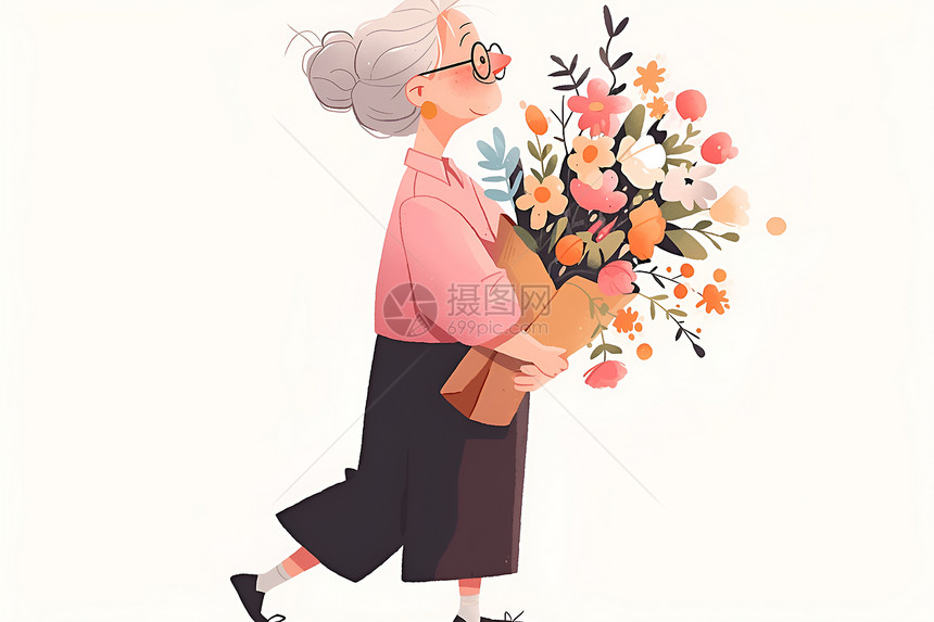 温柔老奶奶抱着花束图片