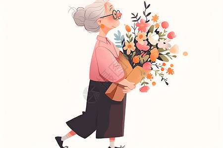抱着猫的老人温柔老奶奶抱着花束插画