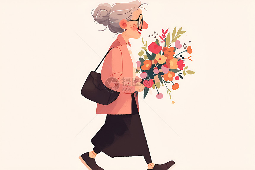 优雅老奶奶拿着花束图片