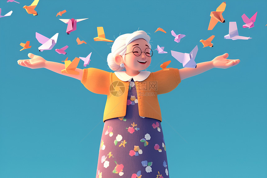 飞鸟环绕的老奶奶图片