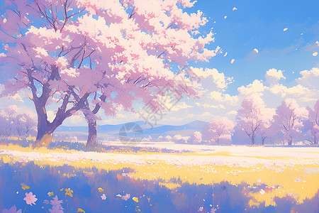 花树风景草地上盛开的樱花插画