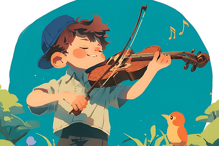 小提琴培训小男孩在花草丛中弹奏小提琴插画