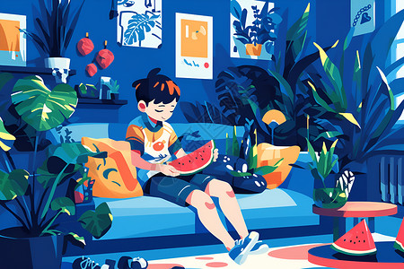 坐在沙发上男孩少年坐在沙发上吃西瓜插画