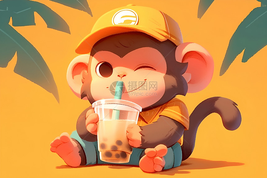帽子猴子喝奶茶图片