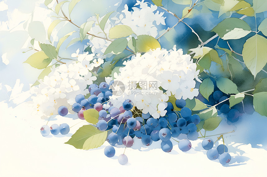 树枝上的蓝莓和白花图片