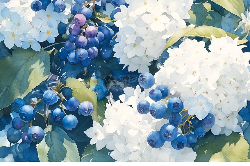 清新白花下的蓝莓图片