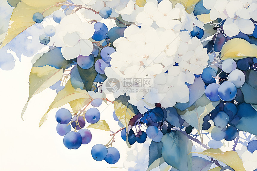 白色绣球和蓝莓图片