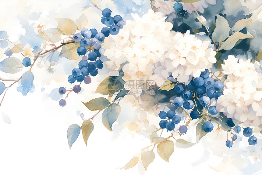 绿叶间的白花和蓝莓图片