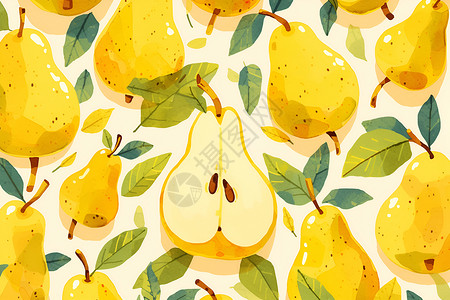 美味水果黄梨绿叶间的梨插画