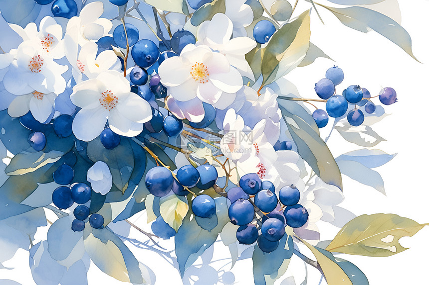 白花从中的蓝莓图片