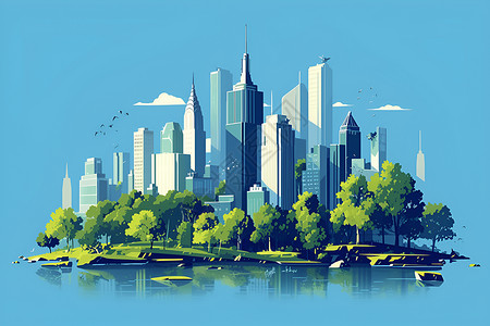环绕音绿树环绕的城市建筑插画