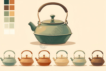 金属水壶彩色的铜壶插画