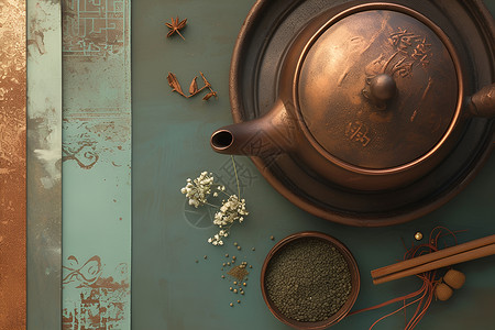金属水壶桌子上的茶壶插画