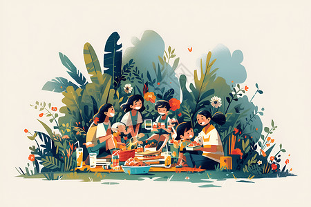 一家人在草地上野餐背景图片