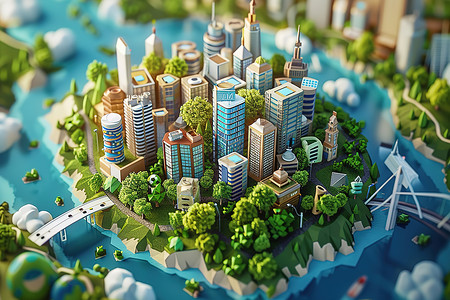 岛屿城市城市建筑模型插画