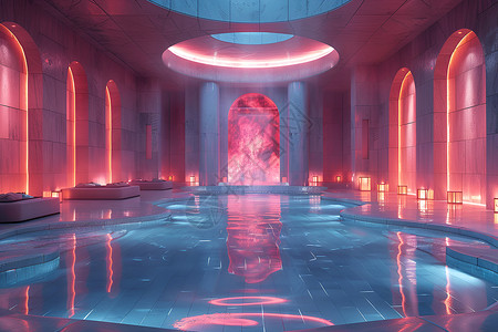 粉色环形光效梦幻水池与环形舞台设计图片