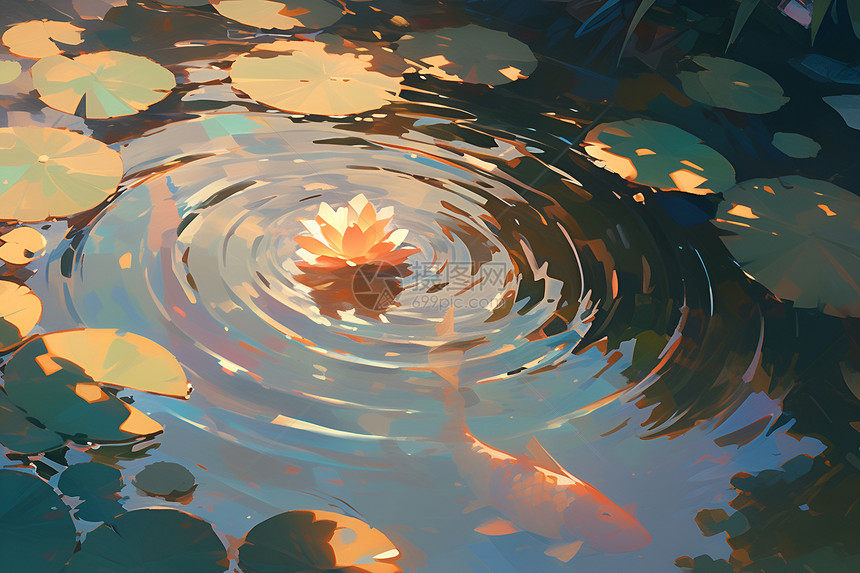 清晨的水面上漂浮着一片叶子图片