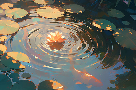 清晨水清晨的水面上漂浮着一片叶子插画