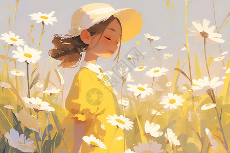 黄白色小女孩穿着黄色衣服在白色雏菊中插画