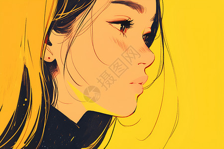 忧郁的美女黄色背景下的女孩插画