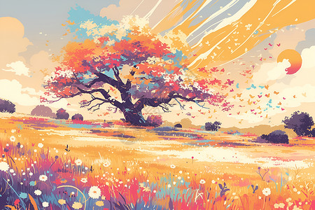 彩色大树彩色的草原上有一棵大树插画