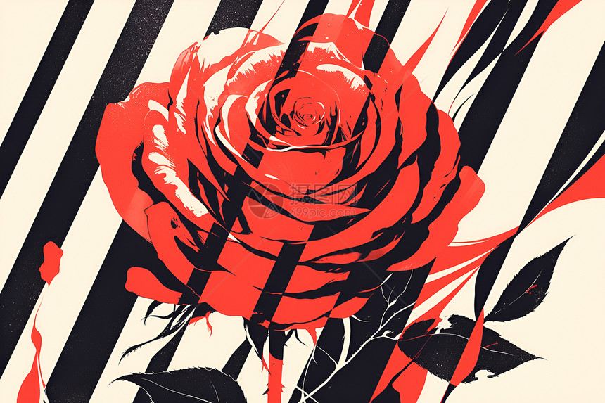 红玫瑰与线条图片