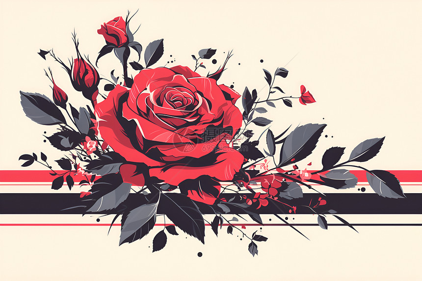 鲜红玫瑰绽放在条纹背景下图片