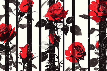 条纹中袖在黑白条纹背景中的红玫瑰插画