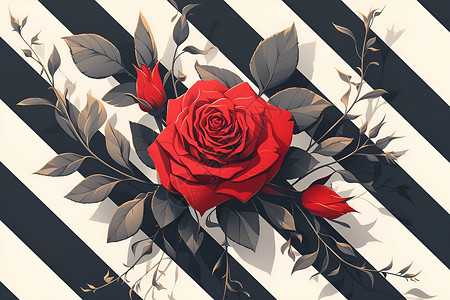 放射条纹红玫瑰绽放黑白条纹中插画