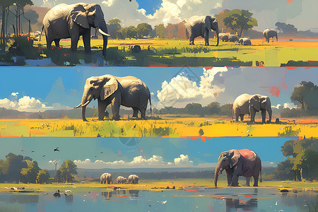 动物栖息地大象们的栖息地插画